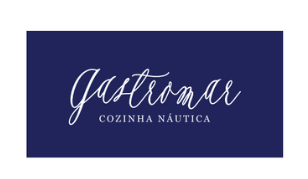 Logo da Gastromar com fundo azul marinho e fonte manuscrita branca