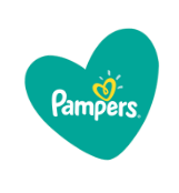 Logo da Pampers em forma de coração verde com detalhe em amarelo