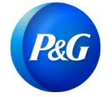 Logo esférico da P&G em tons de azul com texto branco