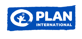 Logo da Plan International com fundo azul e figura branca de criança com sol