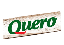 Logo da Quero com fundo de madeira clara e tipografia verde