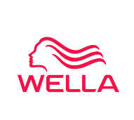 Logo da Wella em vermelho com ícone de perfil feminino com cabelos ao vento